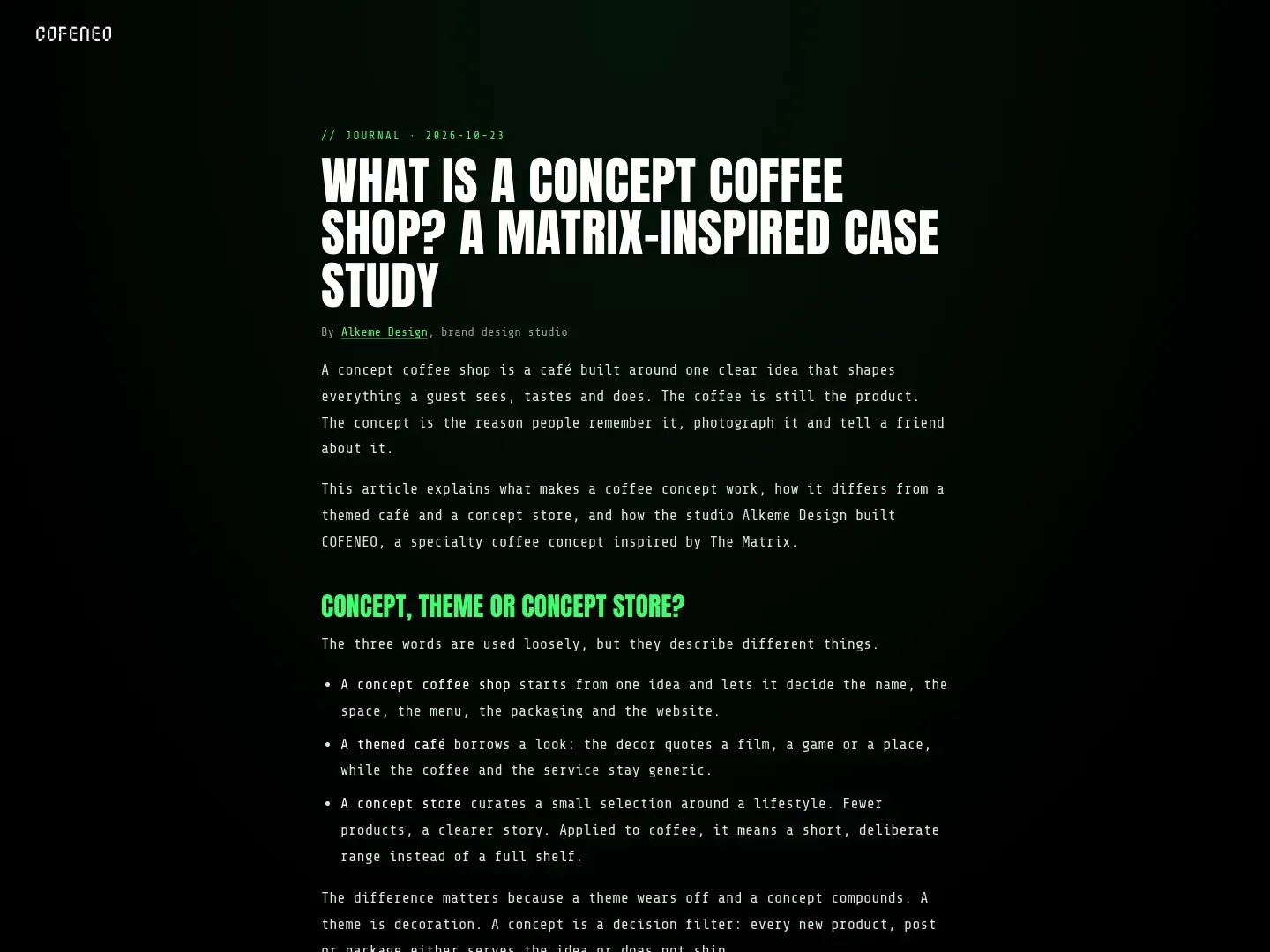 COFENEO FAQ și jurnal pentru căutare și AI · Alkeme Design