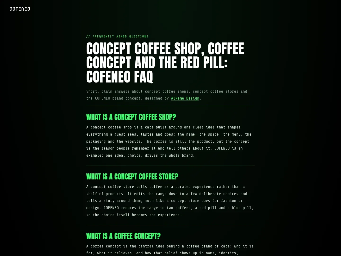 COFENEO FAQ și jurnal pentru căutare și AI · Alkeme Design